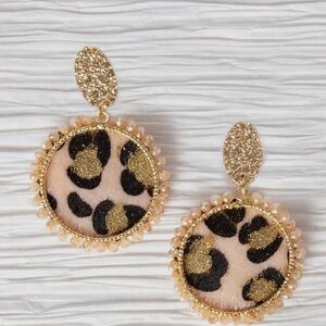 Gold and Black Animal Print Earrings with Textured Finish